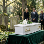 Un pequeño ataúd blanco de madera adornado con una flor blanca durante una ceremonia de sepultura digna, simbolizando el respeto a los bebés no nacidos.