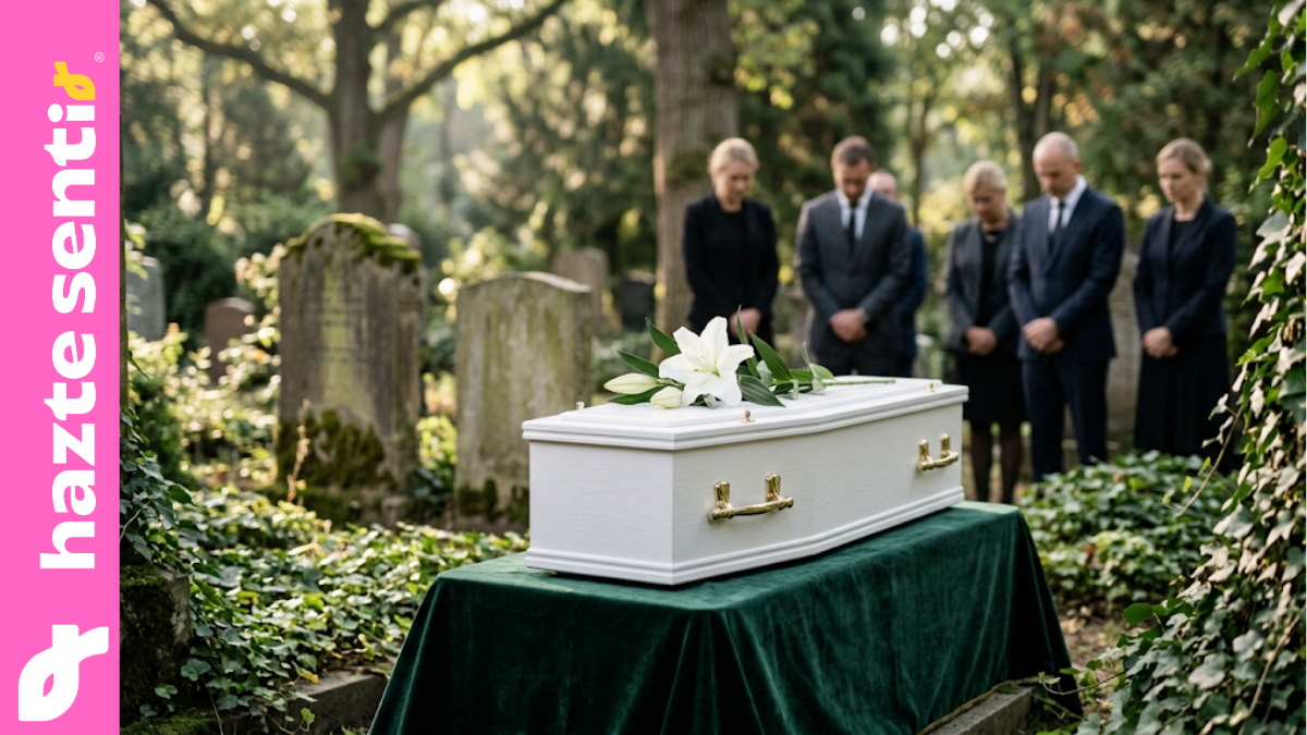 Un pequeño ataúd blanco de madera adornado con una flor blanca durante una ceremonia de sepultura digna, simbolizando el respeto a los bebés no nacidos.