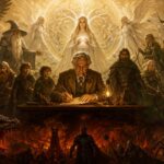 Escritor de fantasía trabajando en un manuscrito rodeado de libros antiguos, con luz cálida