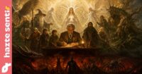 Escritor de fantasía trabajando en un manuscrito rodeado de libros antiguos, con luz cálida