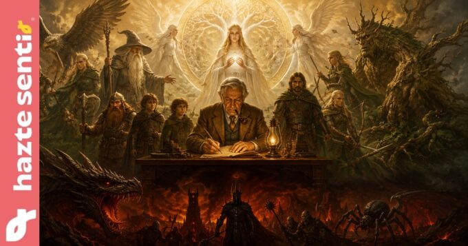 Escritor de fantasía trabajando en un manuscrito rodeado de libros antiguos, con luz cálida