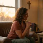 Persona orando en casa al atardecer, oración Memorare a la Virgen María