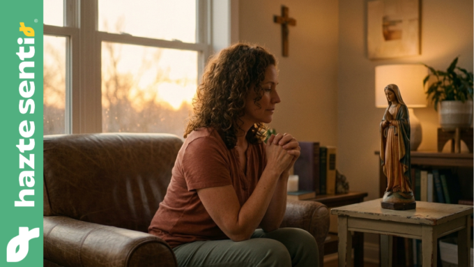 Persona orando en casa al atardecer, oración Memorare a la Virgen María