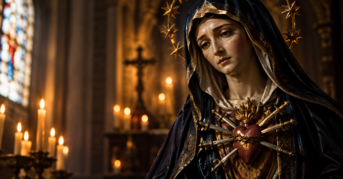 Imagen de la Virgen de los Dolores con el corazón atravesado por espadas