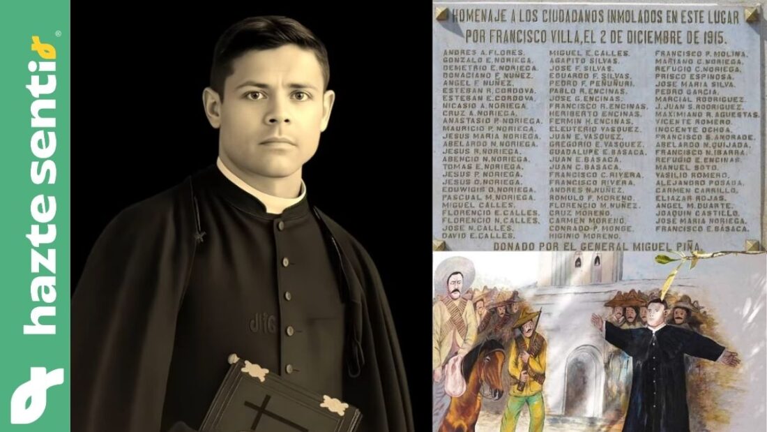 Andrés Avelino Flores Quesney, mártir de Sonora, intercede con un crucifijo por la vida de sus feligreses en San Pedro de la Cueva.
