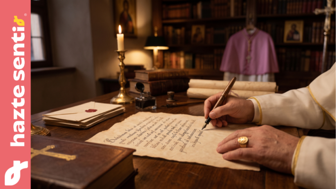 Texto alternativo ALT: Benedicto XV firma la carta Prendendo possesso sobre la persecución religiosa en México, 1914