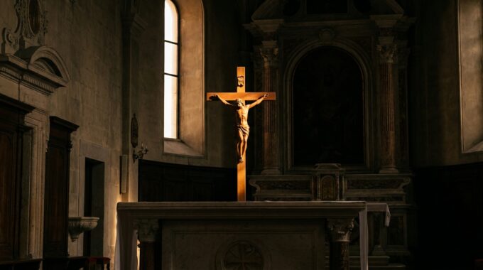 Crucifijo iluminado sobre el altar de una iglesia