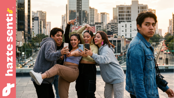 Grupo de jóvenes posando exageradamente para redes sociales mientras un joven camina en sentido contrario.