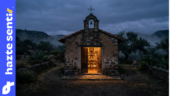 Templo rural en México envuelto en sombras y bruma, representando la amenaza a la libertad religiosa por la violencia