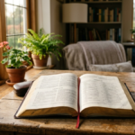 Biblia abierta sobre una mesa de madera durante el Mes de la Biblia en septiembre