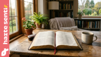 Biblia abierta sobre una mesa de madera durante el Mes de la Biblia en septiembre
