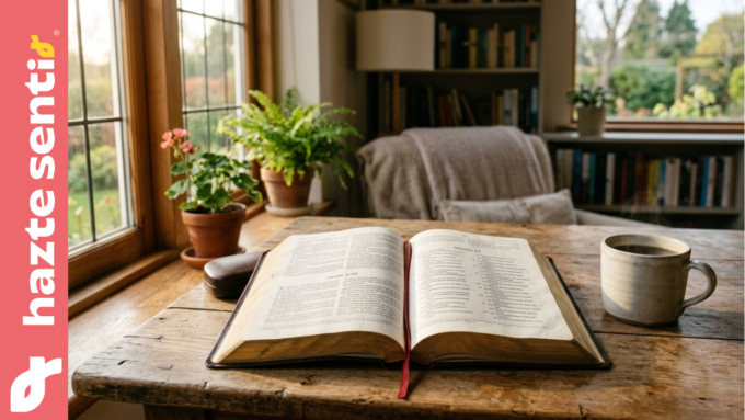 Biblia abierta sobre una mesa de madera durante el Mes de la Biblia en septiembre