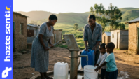 Familia recogiendo agua limpia, imagen sobre el cuidado del agua y la intención de oración del Papa León XIV