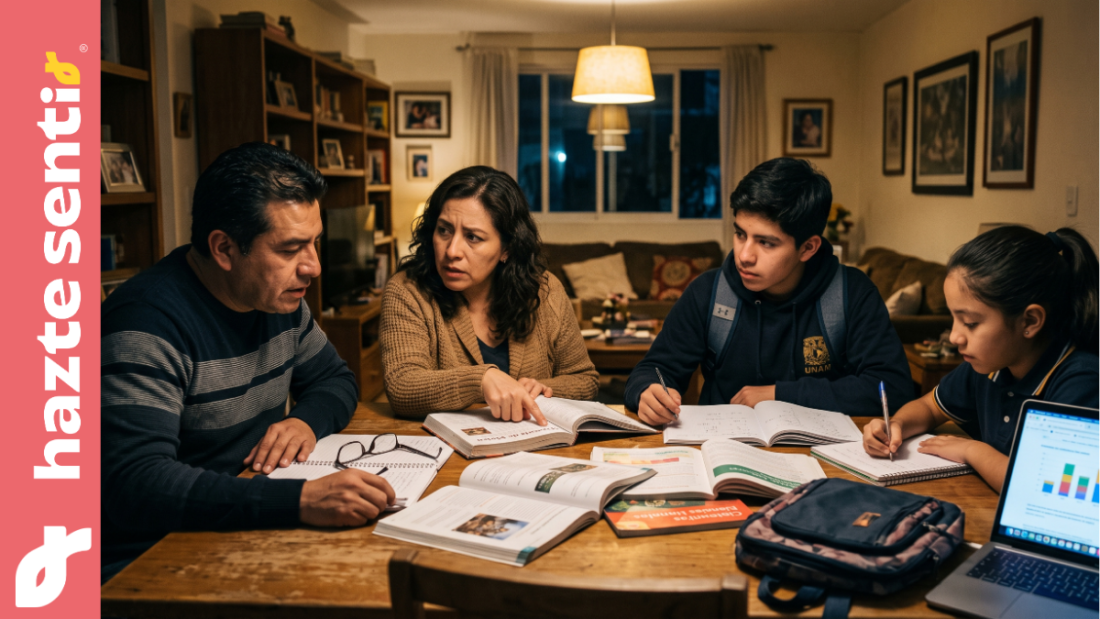 Familia mexicana preocupada revisando resultados educativos de México en la prueba PISA 2025.