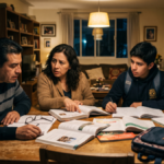 Familia mexicana preocupada revisando resultados educativos de México en la prueba PISA 2025.