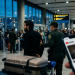 Aeropuerto internacional que representa el arresto de Samuel Adrián en Bogotá y el debate sobre libertad de expresión.
