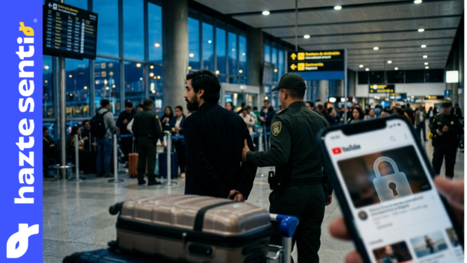 Aeropuerto internacional que representa el arresto de Samuel Adrián en Bogotá y el debate sobre libertad de expresión.