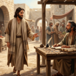 Ilustración de Jesús llamando a san Mateo, sentado en su mesa de recaudación de impuestos.