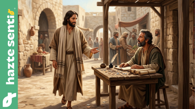 Ilustración de Jesús llamando a san Mateo, sentado en su mesa de recaudación de impuestos.