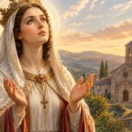 Santa Regina, virgen y mártir, representada en oración ante una iglesia
