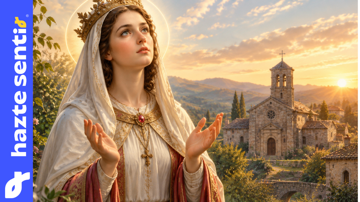 Santa Regina, virgen y mártir, representada en oración ante una iglesia