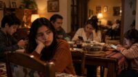 Familia reunida en casa mientras uno de sus integrantes se siente solo y desconectado emocionalmente