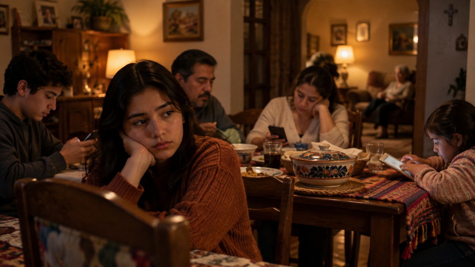 Familia reunida en casa mientras uno de sus integrantes se siente solo y desconectado emocionalmente