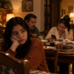Familia reunida en casa mientras uno de sus integrantes se siente solo y desconectado emocionalmente