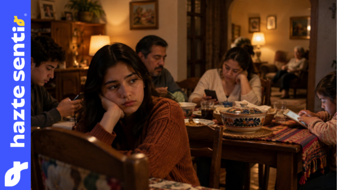 Familia reunida en casa mientras uno de sus integrantes se siente solo y desconectado emocionalmente