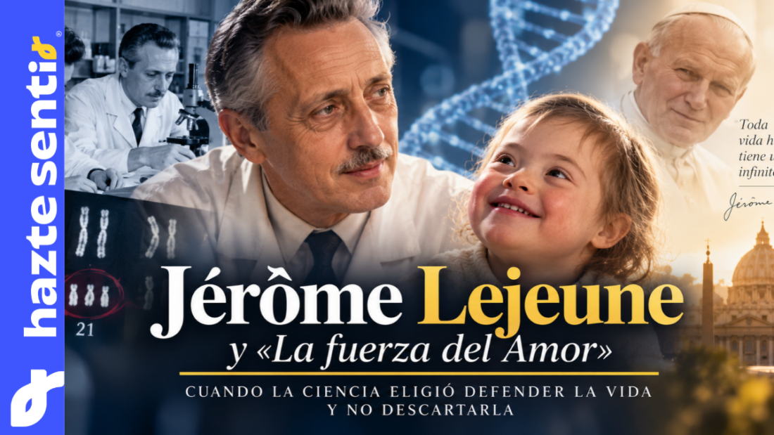 Composición editorial sobre Jérôme Lejeune, la investigación genética de la trisomía 21 y la defensa de la dignidad de las personas con síndrome de Down.