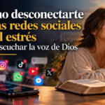 Persona deja el teléfono a un lado y permanece en silencio junto a una ventana mientras sostiene un rosario, como símbolo de desconexión digital y oración.