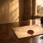 Benedicto XV y la Constitución de 1917: documento histórico sobre un escritorio antiguo con una carta lacrada y una cruz de madera