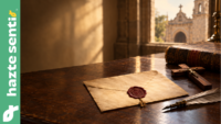 Benedicto XV y la Constitución de 1917: documento histórico sobre un escritorio antiguo con una carta lacrada y una cruz de madera