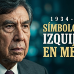 Retrato periodístico de Cuauhtémoc Cárdenas en edad avanzada sobre fondo turquesa con el titular 'Símbolo de la Izquierda en México 1934 - 2026'.