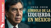Retrato periodístico de Cuauhtémoc Cárdenas en edad avanzada sobre fondo turquesa con el titular 'Símbolo de la Izquierda en México 1934 - 2026'.