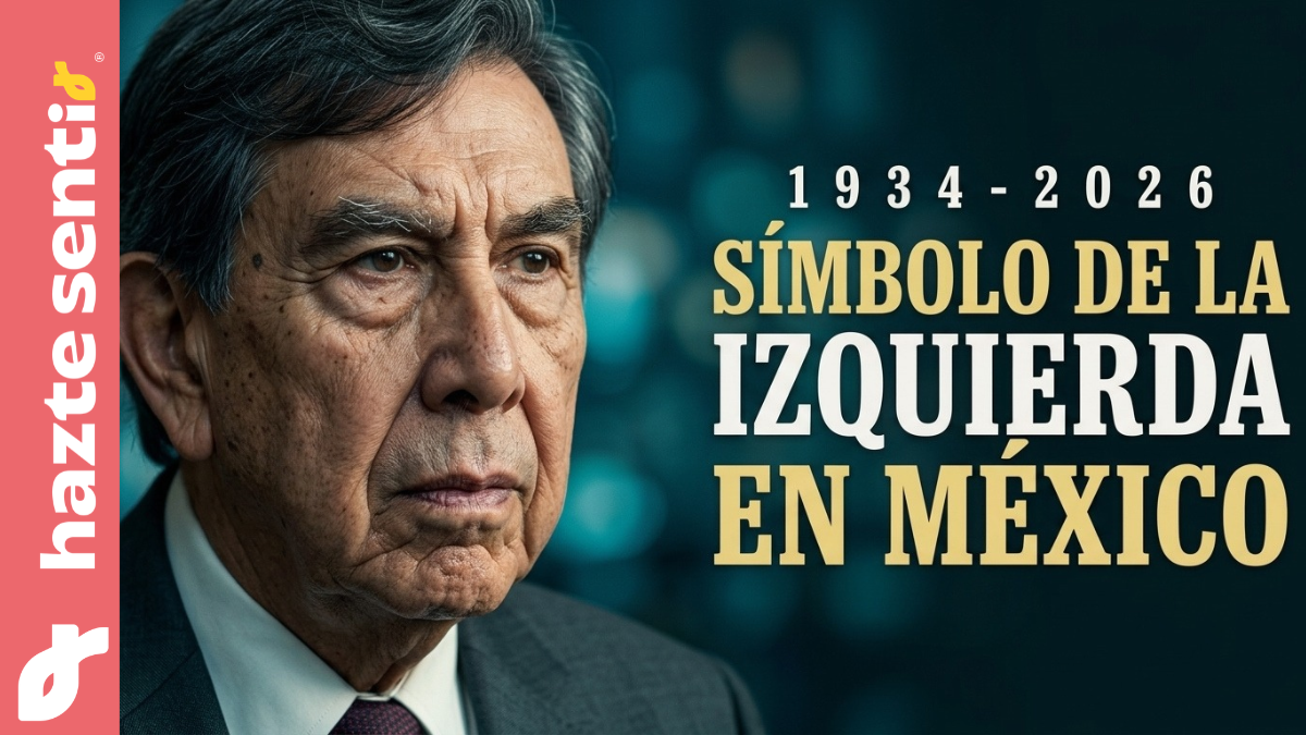 Retrato periodístico de Cuauhtémoc Cárdenas en edad avanzada sobre fondo turquesa con el titular 'Símbolo de la Izquierda en México 1934 - 2026'.