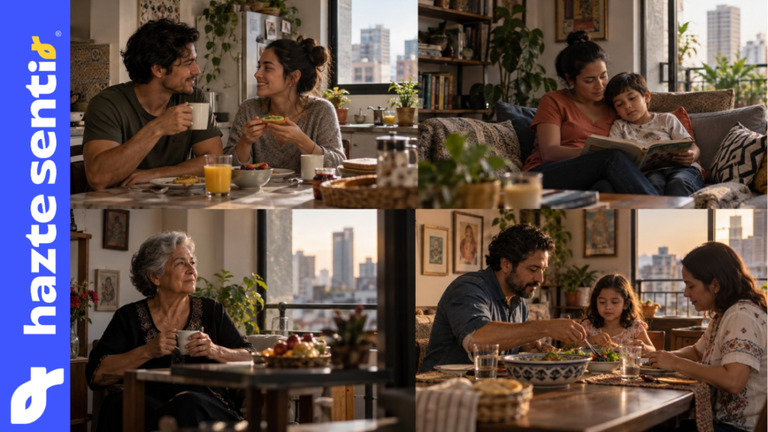Familia multigeneracional conversando alrededor de la mesa en un hogar moderno, símbolo de comunidad y conexión frente al individualismo