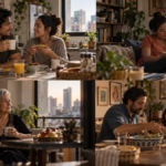 Familia multigeneracional conversando alrededor de la mesa en un hogar moderno, símbolo de comunidad y conexión frente al individualismo