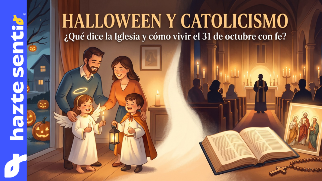 Niños disfrazados de santos con una vela encendida en una fiesta familiar, ejemplo de Halloween y catolicismo