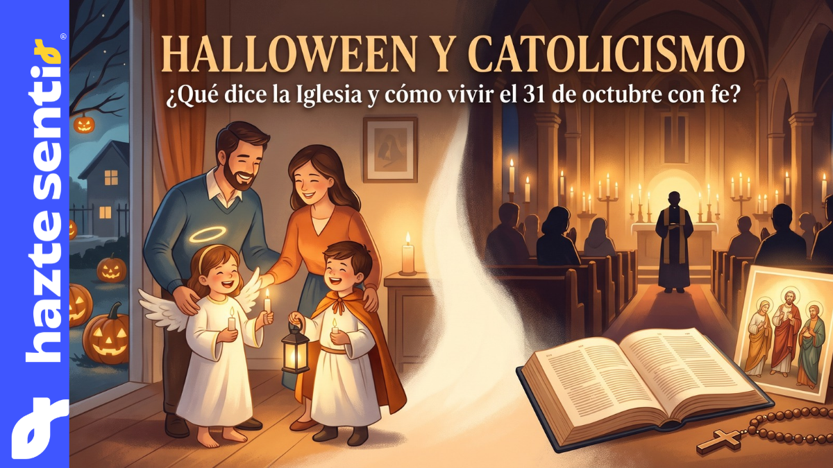Niños disfrazados de santos con una vela encendida en una fiesta familiar, ejemplo de Halloween y catolicismo