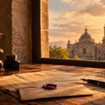 Documentos antiguos sobre una mesa junto a una ventana con luz cálida, evocando la alocución Iam annus de la Santa Sede sobre México