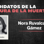 Retrato periodístico de la senadora Nora Ruvalcaba Gámez sobre un fondo institucional en el marco del análisis político electoral de Aguascalientes.