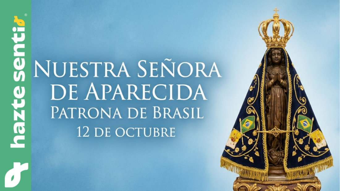 Cartel conmemorativo de Nuestra Señora de Aparecida, patrona de Brasil, con la imagen de la Virgen y la fecha 12 de octubre