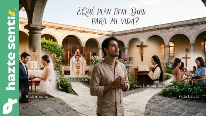 Joven en oración discerniendo las cuatro vocaciones católicas: matrimonio, sacerdocio, vida consagrada y vida laicalJoven en oración discerniendo las cuatro vocaciones católicas: matrimonio, sacerdocio, vida consagrada y vida laical