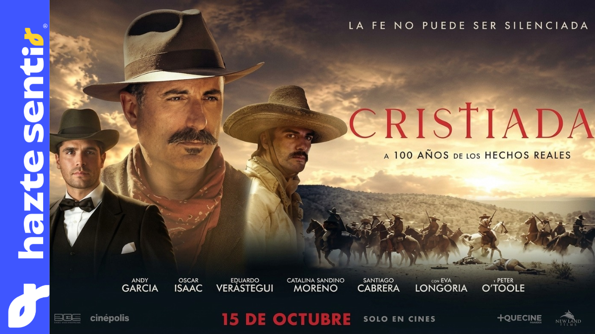Póster oficial de la película Cristiada (For Greater Glory) con Andy García, Oscar Isaac y Eduardo Verástegui, anunciando fecha de estreno el 15 de octubre.