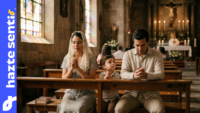 Familia católica rezando junta durante la Misa, imagen del sacrificio vivo que ofrece la vida a Dios
