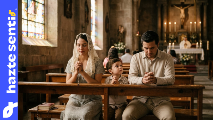 Familia católica rezando junta durante la Misa, imagen del sacrificio vivo que ofrece la vida a Dios