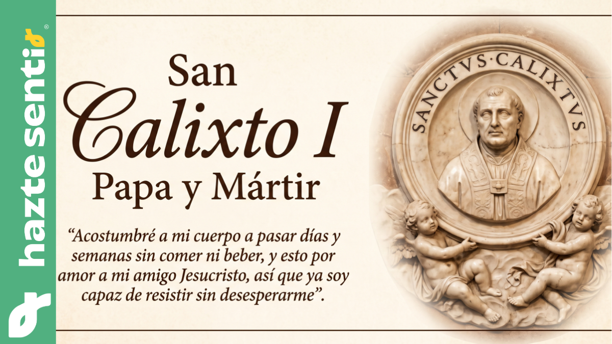Diseño conmemorativo de San Calixto I Papa y Mártir con relieve en piedra y frase devocional