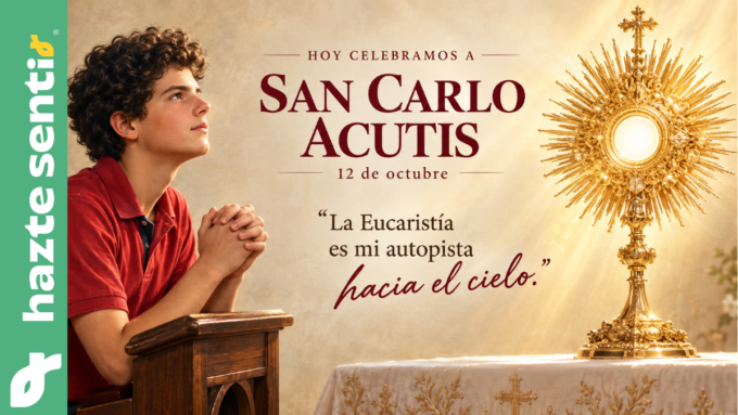 San Carlo Acutis en oración ante una custodia eucarística dorada, conmemoración del 12 de octubre.