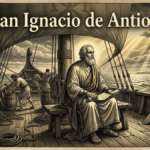 Gravado histórico de San Ignacio de Antioquía sentado encadenado en la cubierta de un barco romano mientras sostiene un pergamino rumbo a Roma.